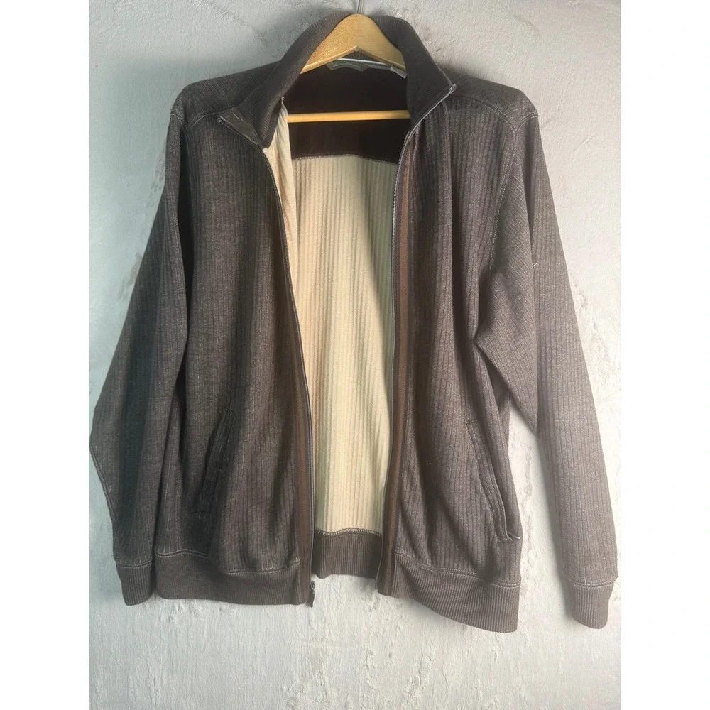 Tommy Bahama Brown Ribbed Full Zip Cotton Sweater Jacket Mens Large L Excellent